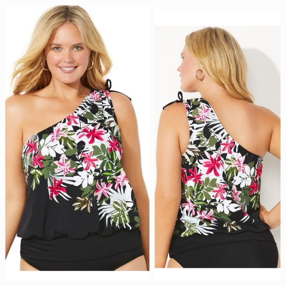 Swimsuits for All Women's Plus Size One Shoulder Blouson Tankini Top - Picture 10 of 10